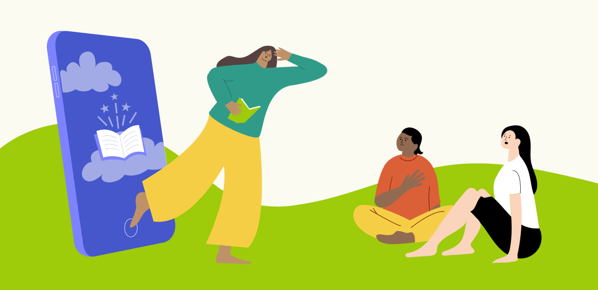 Rechts die Überschrift: “Mehr Spenden durch Storytelling”. Links daneben ein blaues Smartphone, auf dessen Bildschirm eine offenes Buch zu sehen ist, aus dem Sterne sprießen. Im Hintergrund dahinter sehen wir blaue Wolken. Eine Person of Colour mit langen braunen Haaren, einem grünen Pulli und eine gelben Hose scheint aus dem Smartphone herauszusteigen. Sie hält ein grünes Buch in der Hand und schaut visionär nach vorne. Rechts daneben, vor der Person, ditzen zwei Menschen auf dem Boden und scheinen bewegt zuzuhören und zuzusehen. Die linke Person ist Schwarz, hat kurze Schwarze Haare, trägt ein rotes Shirt und eine gelbe Hose und sitzt im Schneidersitz auf der Wiese. Die Person hält ihre Hand über dem Herz. Rechts daneben sitzt eine weiße Person mit langen schwarzen Haaren. Die Person schaut etwas aufgeschreckt oder erstaunt und sitzt sehr aufrecht. Sie trägt ein weißes T-Shirt und eine schwarze kurze Hose.