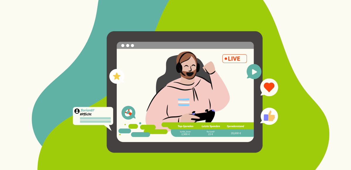 Ein Bildschirm, auf dem wir einen weißen Gamer mit hellbraunem Bart und kurzen Haaren sehen, in rosa Hoodie mit einer trans Flagge auf der Brust. Er hebt den Arm in einer siegessicheren und zufriedenen "Yay"-Geste. In der anderen Hand hält er einen Controller. Rechts oben im Screen ein rotes LIVE. Unten im Screen sehen wir einen Abbinder, auf dem steht "Top-Spende: turtle_lover 2.500 €" "Letzte Spende: florian87 23 €" und "Spendenstand: 20.000 €". Links sehen wir einen Spender*innen-Kommentar "florian87 #Pflicht". Desweiteren sehen wir Kommentare mit Icons. Ein Herz, ein Daumen Hoch. Und einen Alert, der einen Seenot-Rettungsring darstellt.