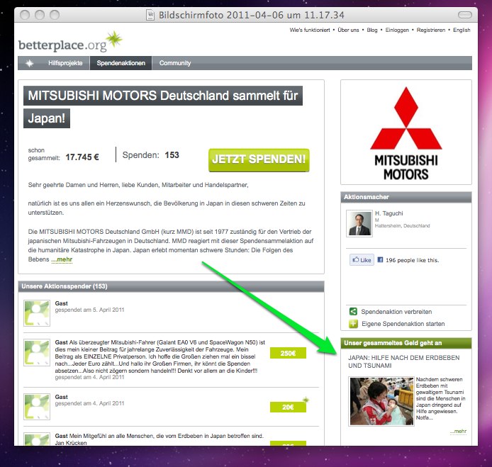 Eine Aktion - in diesem Fall von Mitsubishi. Auch hier zeigt der grüne Pfeil an, wofür Mitsubishi sammelt.