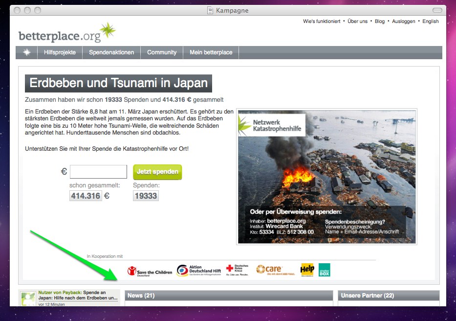 Unsere Kampagnenseite. Der grüne Pfeil zeigt an, wohin die an diese Kampage gespendeten Gelder fließen.