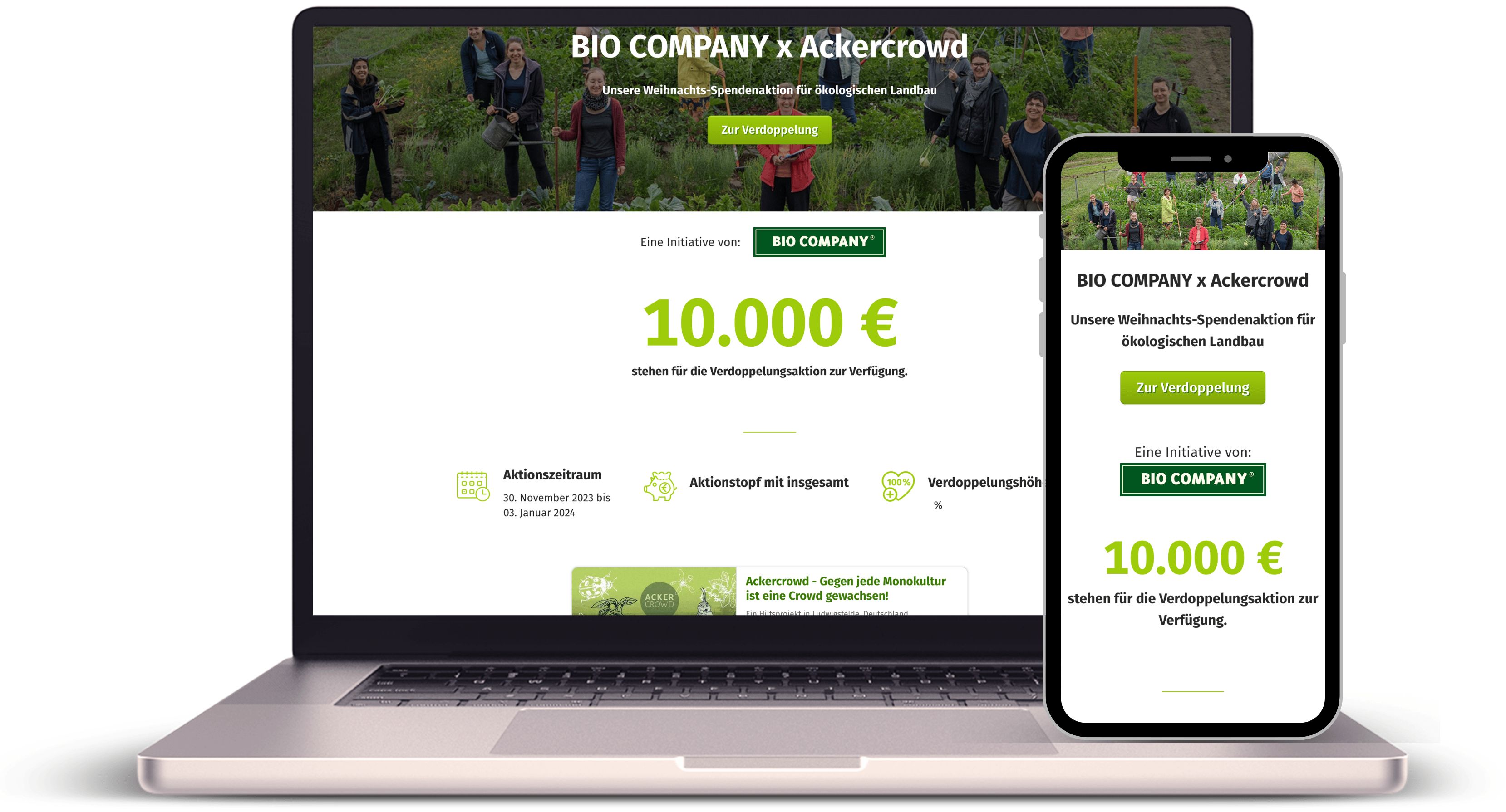 Hier ist die Seite der Verdoppelungsaktion von der Firma BIO COMPANY zu sehen, die auf einem Laptop-Bildschirm und auf einem Smartphone in mobiler Ansicht abgebildet ist. Auf der Seite ist zu sehen, dass 10.000 € an Verdoppelungsbudget bereitgestellt wurden.
