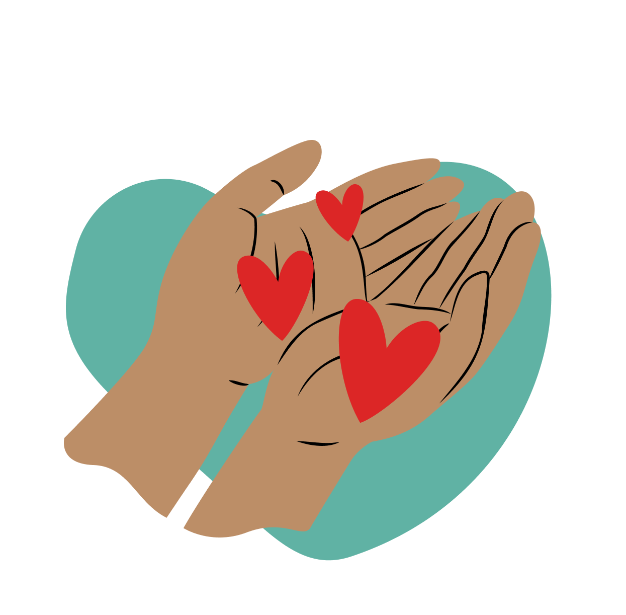 Das Bild zeigt zwei offene, nach oben gerichtete Hände mit brauner Hautfarbe. In den Handflächen liegen drei rote Herzen.