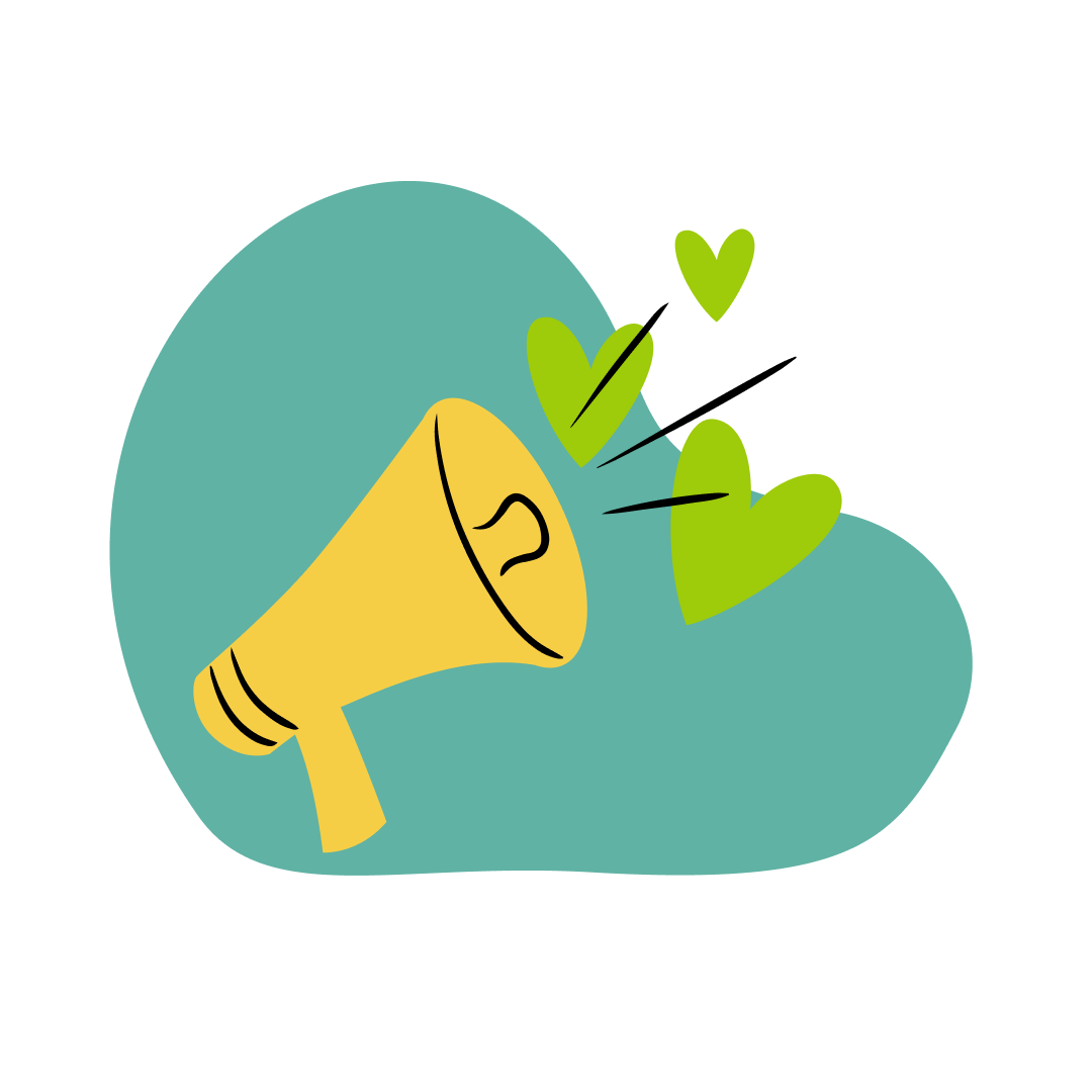 Eine illustrierte Grafik, die ein Megaphon zeigt, aus dem Herzen fliegen.